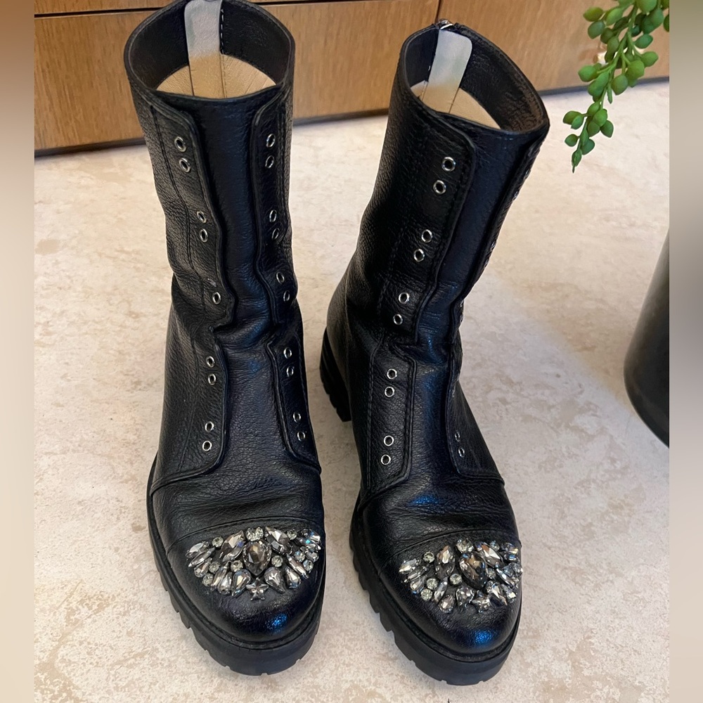 JIMMY CHOO Hatcher Crystal-Embellished Textured-Leather Combat Boots